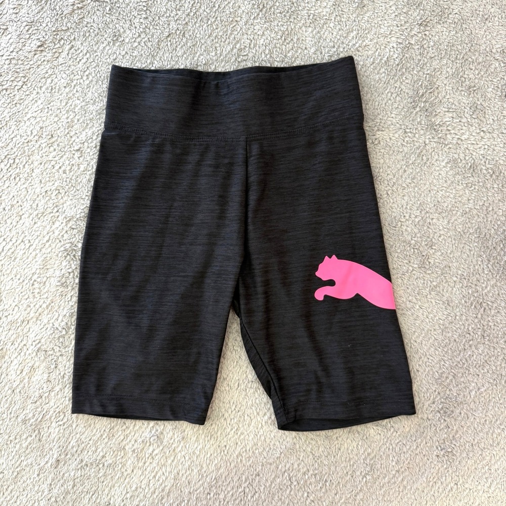 Puma Biker Shorts Girls Size M 7/8 Black Pink Logo Athletic Activewear